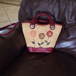 Straw handbag with faux leather trim